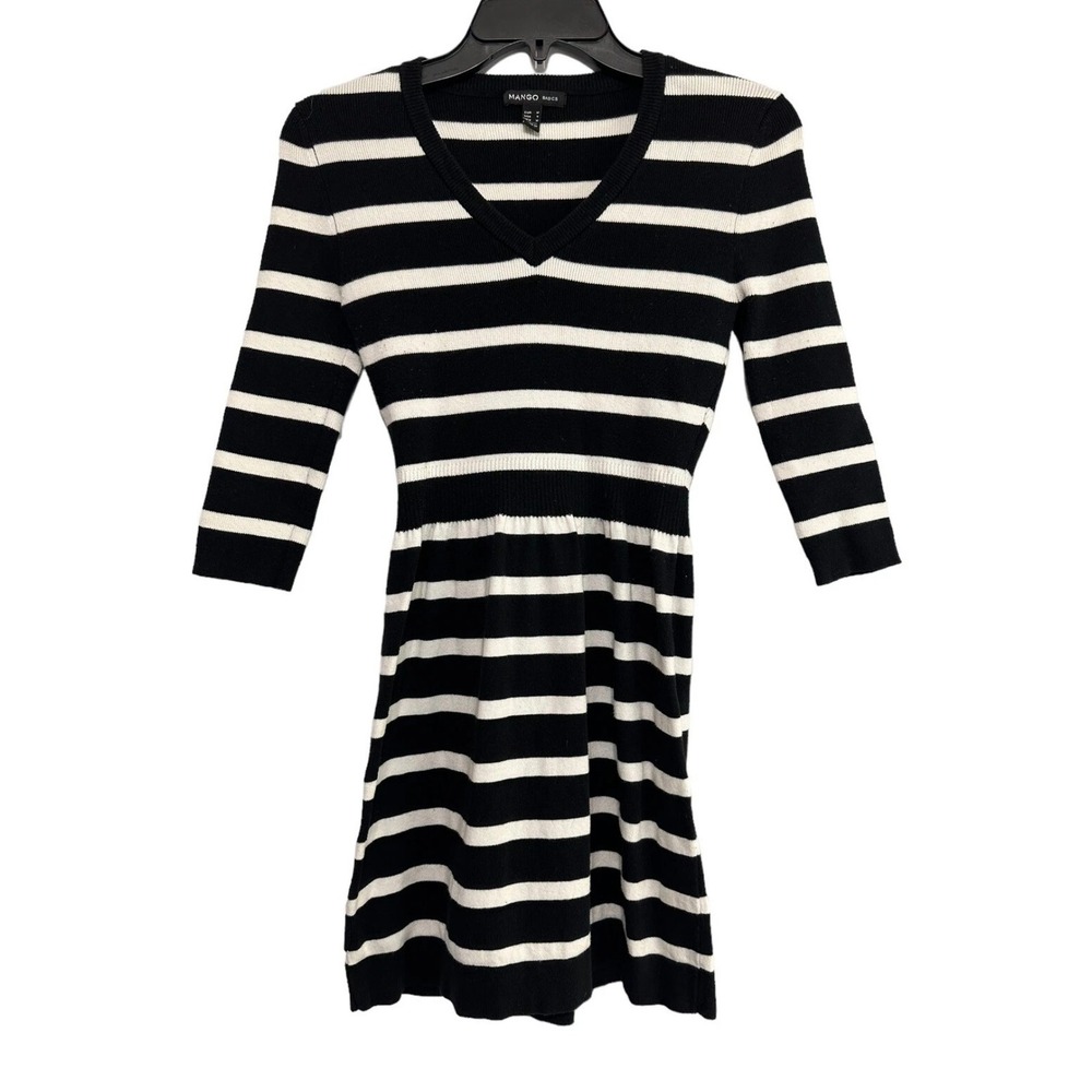 Mango Basics Striped Knit Dress‎ V-Neck 3/4 Sleeve Black White Womens Size S